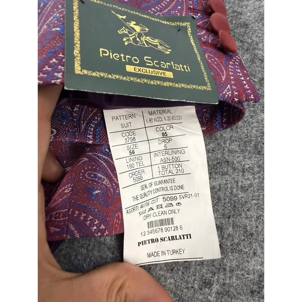 Pietro Scarlatti Mens Mandarin Suit Blazer Pants Paisley Red Blue US 46 EU 56 T8